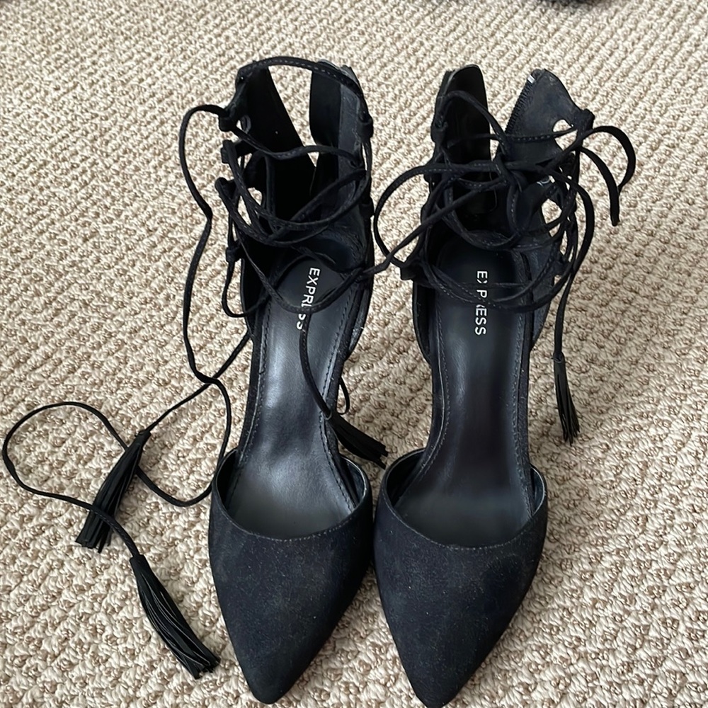 Express suede lace up heels with tassel detail